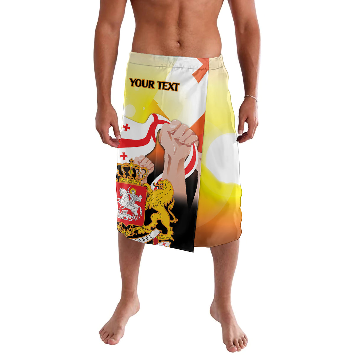Personalized printed swim shorts, front view with 'YOUR TEXT' and crest graphics