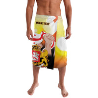 Personalized printed swim shorts, front view with 'YOUR TEXT' and crest graphics