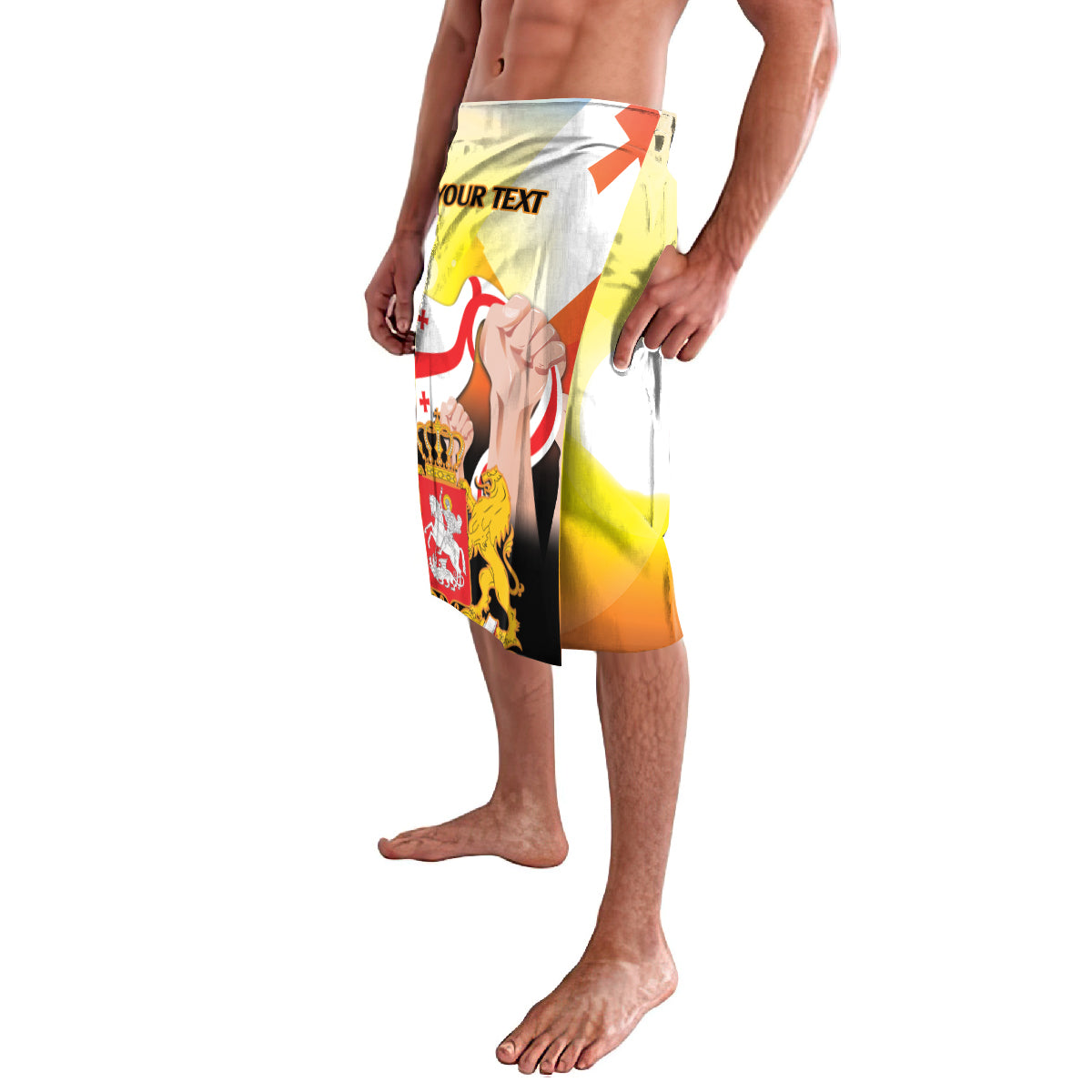Personalized printed swim shorts, side view with 'YOUR TEXT' on yellow flag design