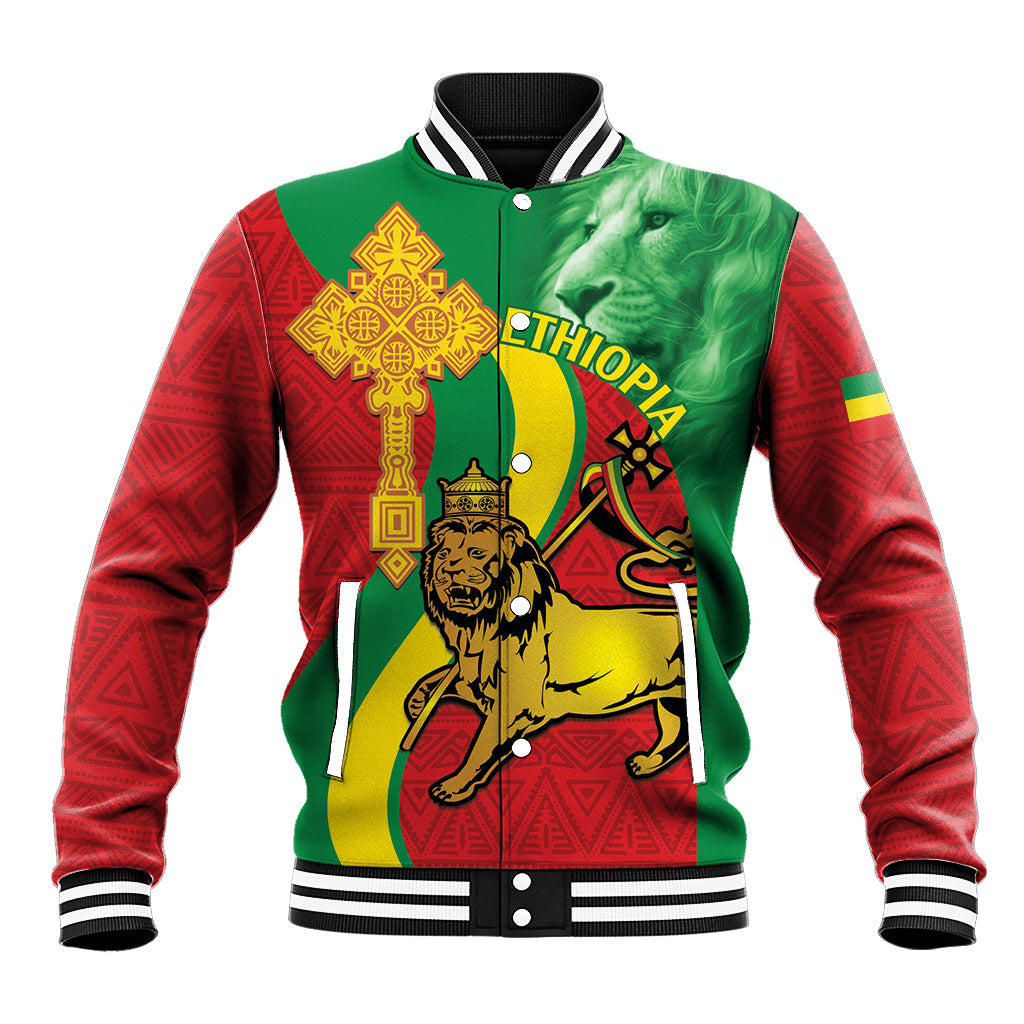 Red and green baseball jacket with Ethiopia lion front graphic and patterned sleeves