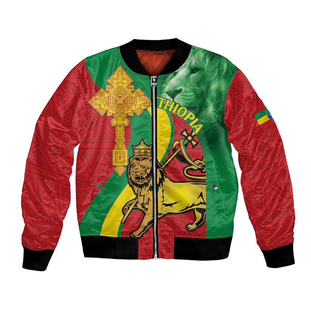 Red and green bomber jacket with Ethiopian lion, gold cross emblem, and front zip