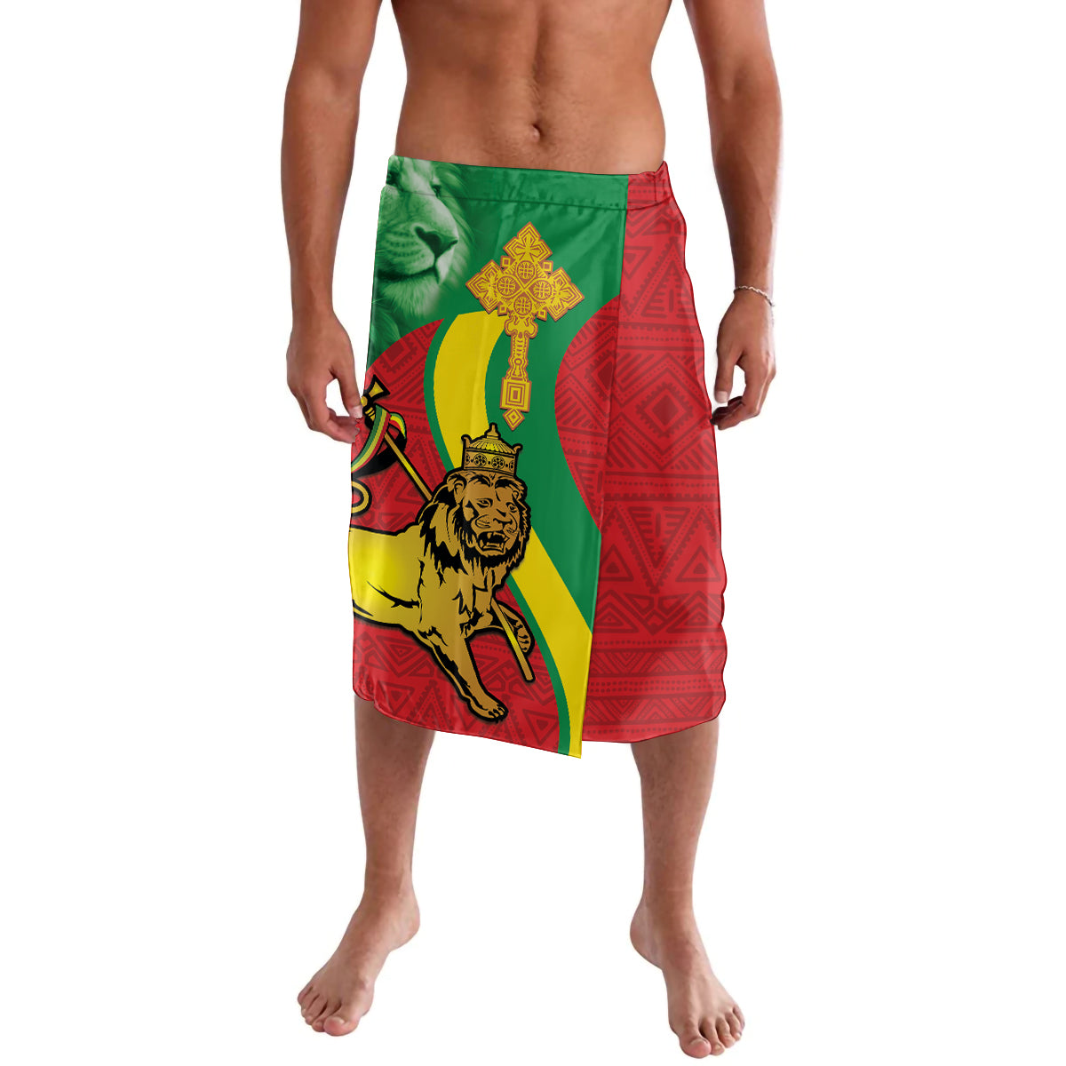 Red wrap sarong with green panel and Lion of Judah graphic