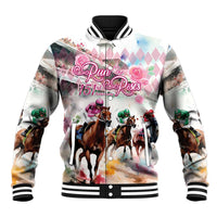 Pink watercolor baseball jacket with horse-racing graphic, snap front, black ribbed collar