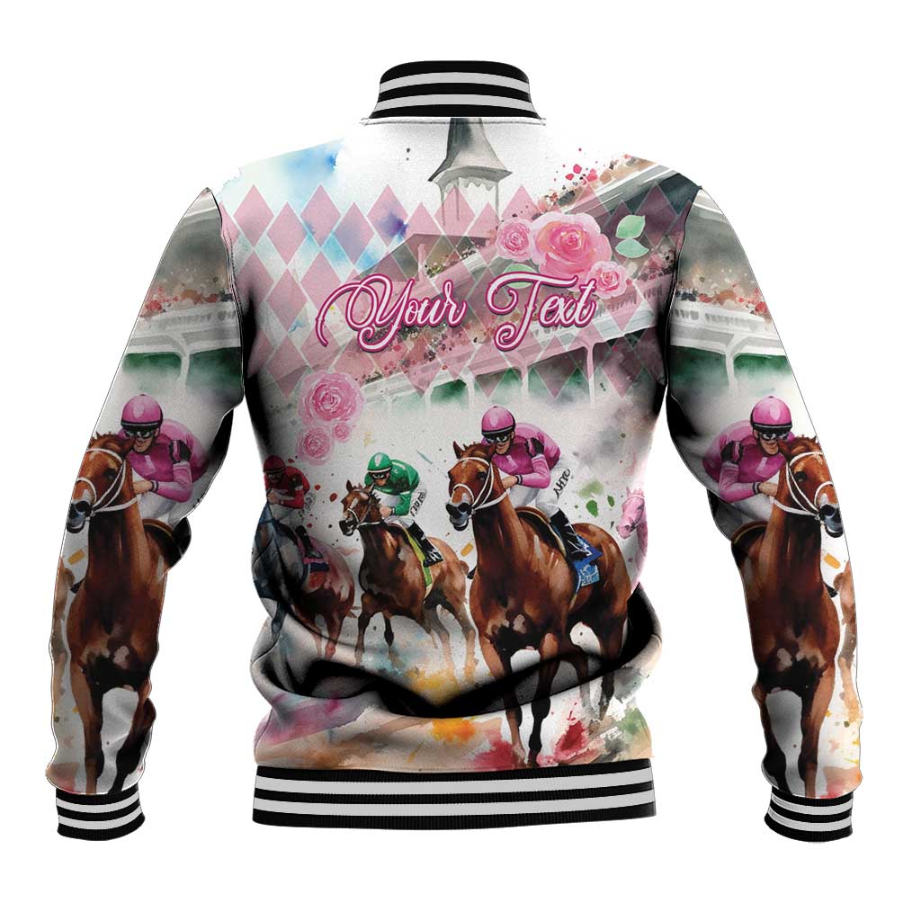 Back view pink watercolor baseball jacket with row of horse riders and black ribbed hem