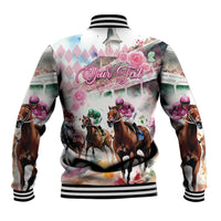 Back view pink watercolor baseball jacket with row of horse riders and black ribbed hem