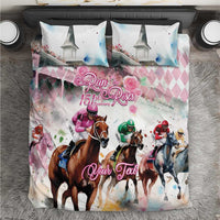 Pink horse racing bedding set with matching pillows, pink roses and jockeys print
