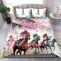 Pink horse racing duvet cover set with two pillows featuring jockeys and argyle roses design