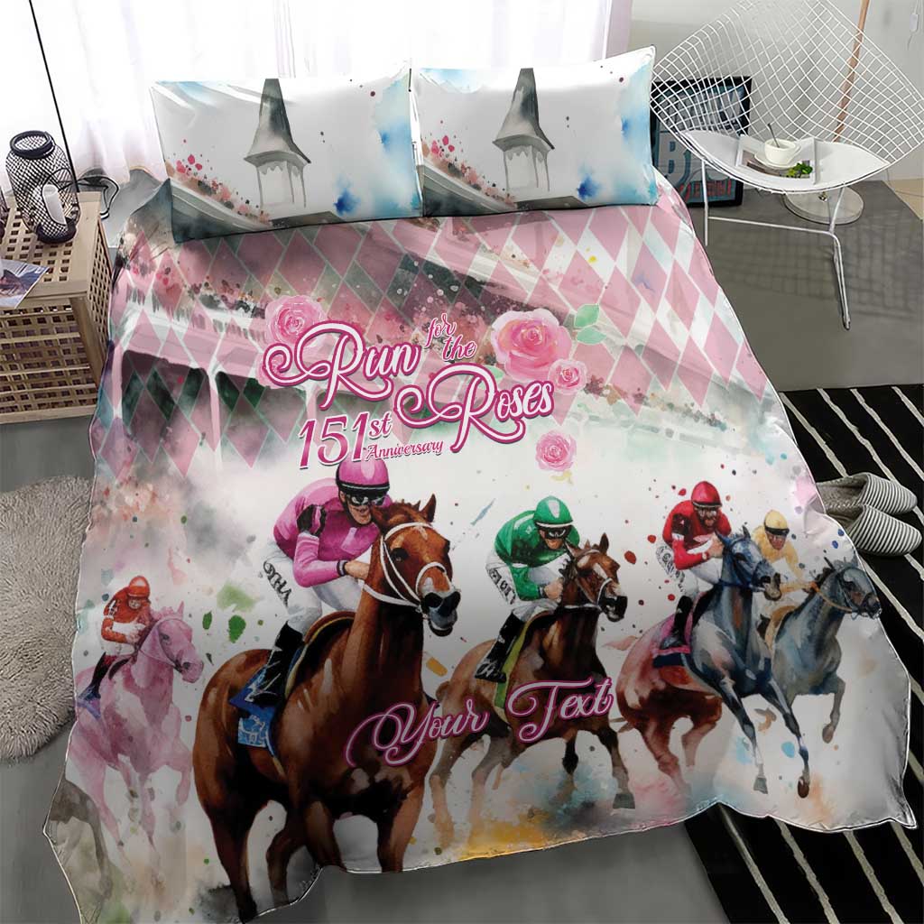 Pink and blue horse racing bedding set with three jockeys on horses and rose text
