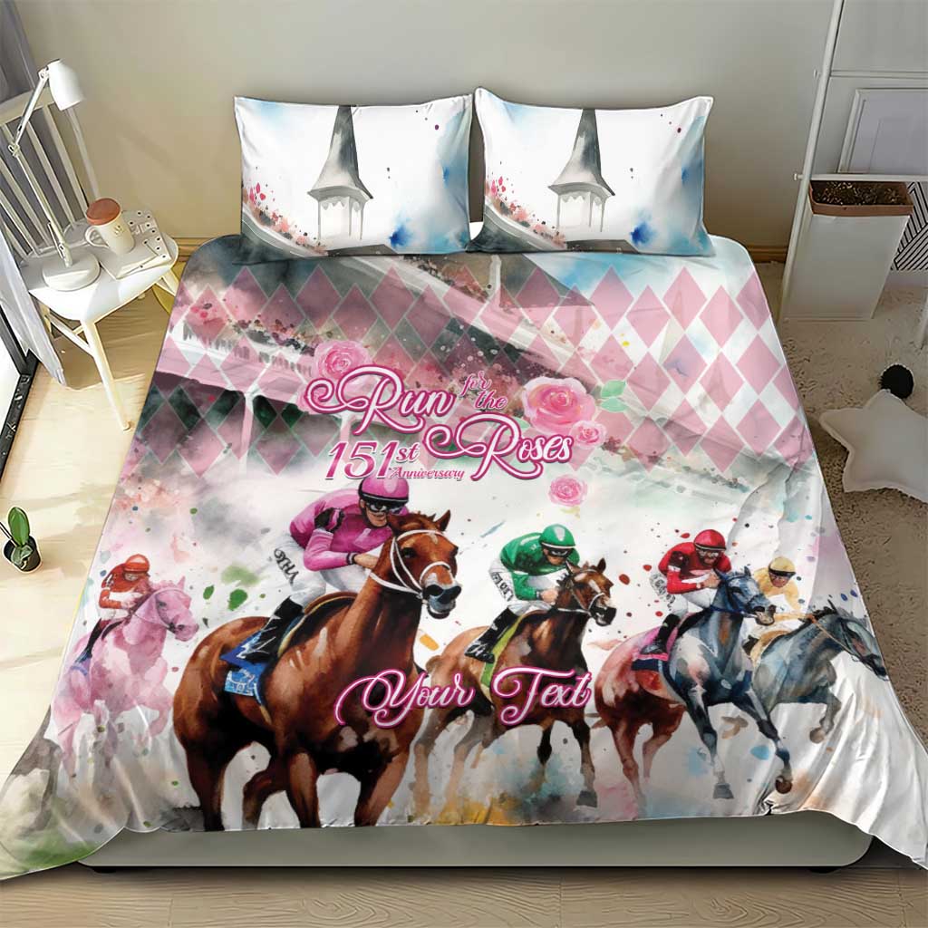 Horse racing duvet and pillow set in pink, blue, and white with jockeys and rose lettering