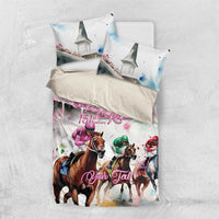 Horse racing bedding set flat lay: duvet and two pillows with pink rose jockey graphic