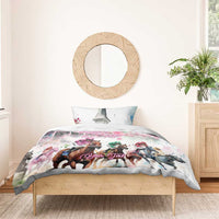 Pink horse racing bedding set on wooden bed with two pillows and jockeys artwork