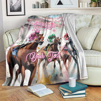 Pink horse-racing blanket with jockey-and-horse artwork, argyle rose graphic, and 'Your Text'