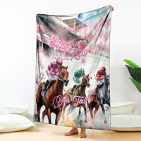 Pink racing horse blanket with jockeys on horses, 'Run the 151st Roses' and 'Your Text' design