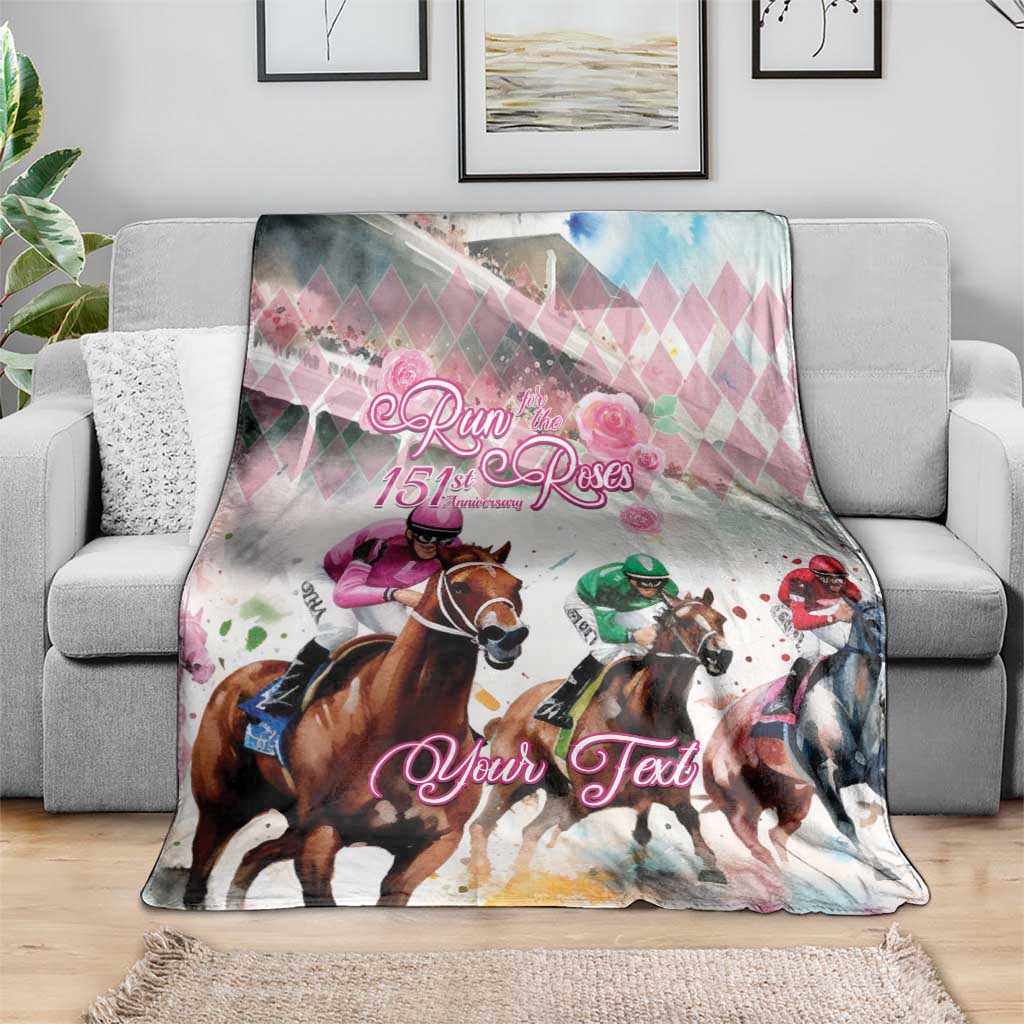 Pink horse racing throw blanket with jockey and horse artwork, 'Run the 151st Roses' and 'Your Text'