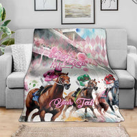 Pink horse racing throw blanket with jockey and horse artwork, 'Run the 151st Roses' and 'Your Text'