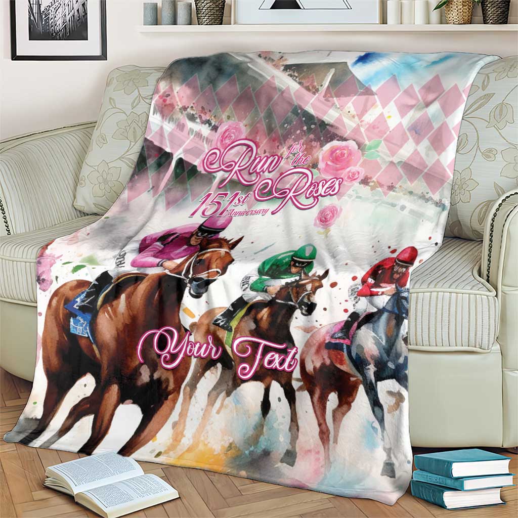 Pink and gray horse-racing blanket with rose argyle pattern, jockey horses, 'Run the 151st Roses'