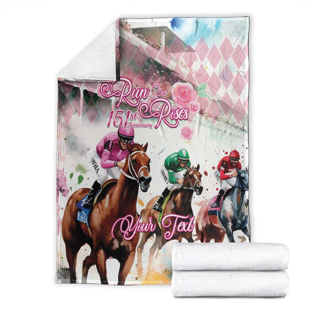 Folded pink horse racing blanket with jockey horses, 'Run the 151st Roses' and 'Your Text' design