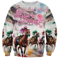 Unisex crewneck sweatshirt with multicolor horse racing graphic and pink 'Run for the Roses' text
