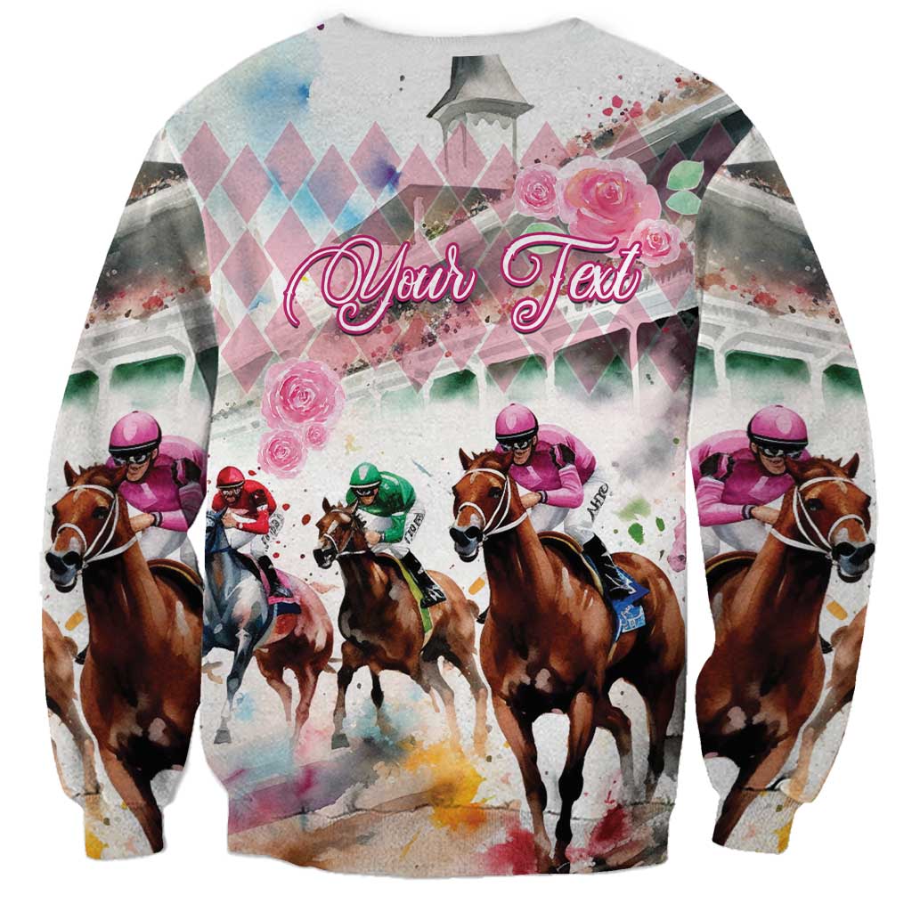 Unisex crewneck sweatshirt with multicolor horses and pink 'Your Text' banner graphic