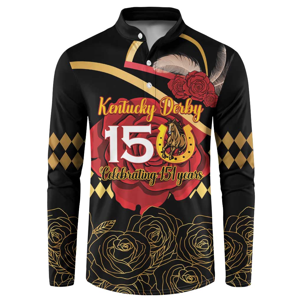 Black button sweatshirt with Derby 151 graphic, roses and horseshoe art