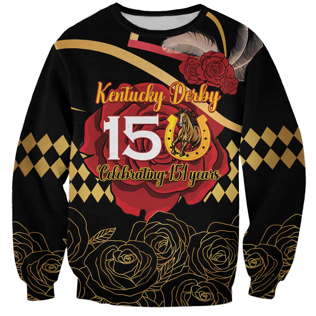 Black unisex crewneck sweatshirt with Kentucky Derby 151 years horseshoe and roses graphic