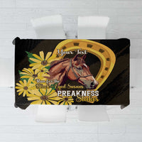 Black personalized tablecloth with yellow horse and floral Preakness graphic