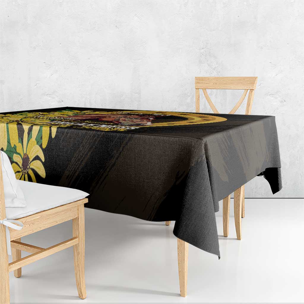Black tablecloth corner drape with yellow floral and horse graphic