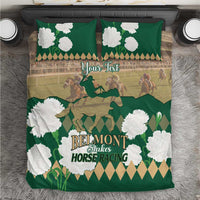 Green horse racing bedding set with white flowers, horses graphic, and “Your Text” on duvet