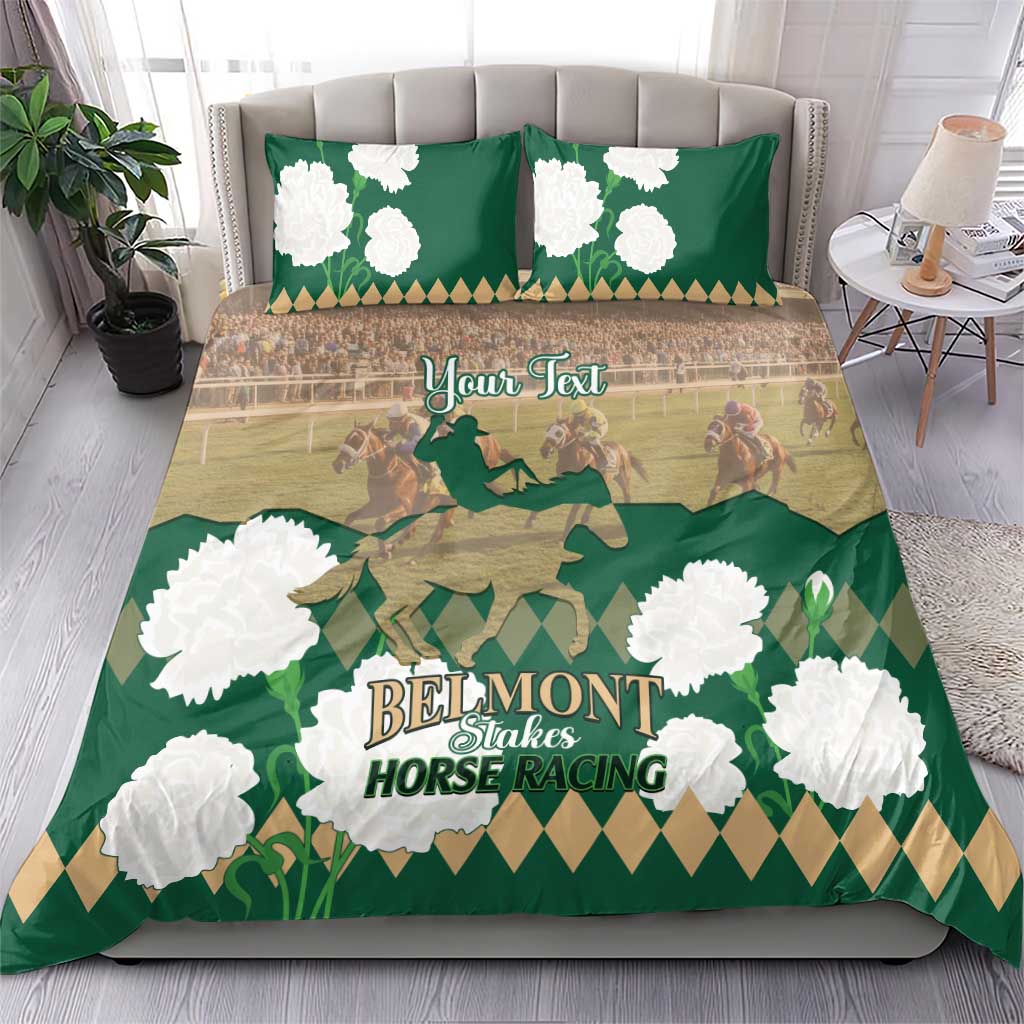 Green horse racing bedding set with two pillows, white flowers, horses motif, and “Your Text”