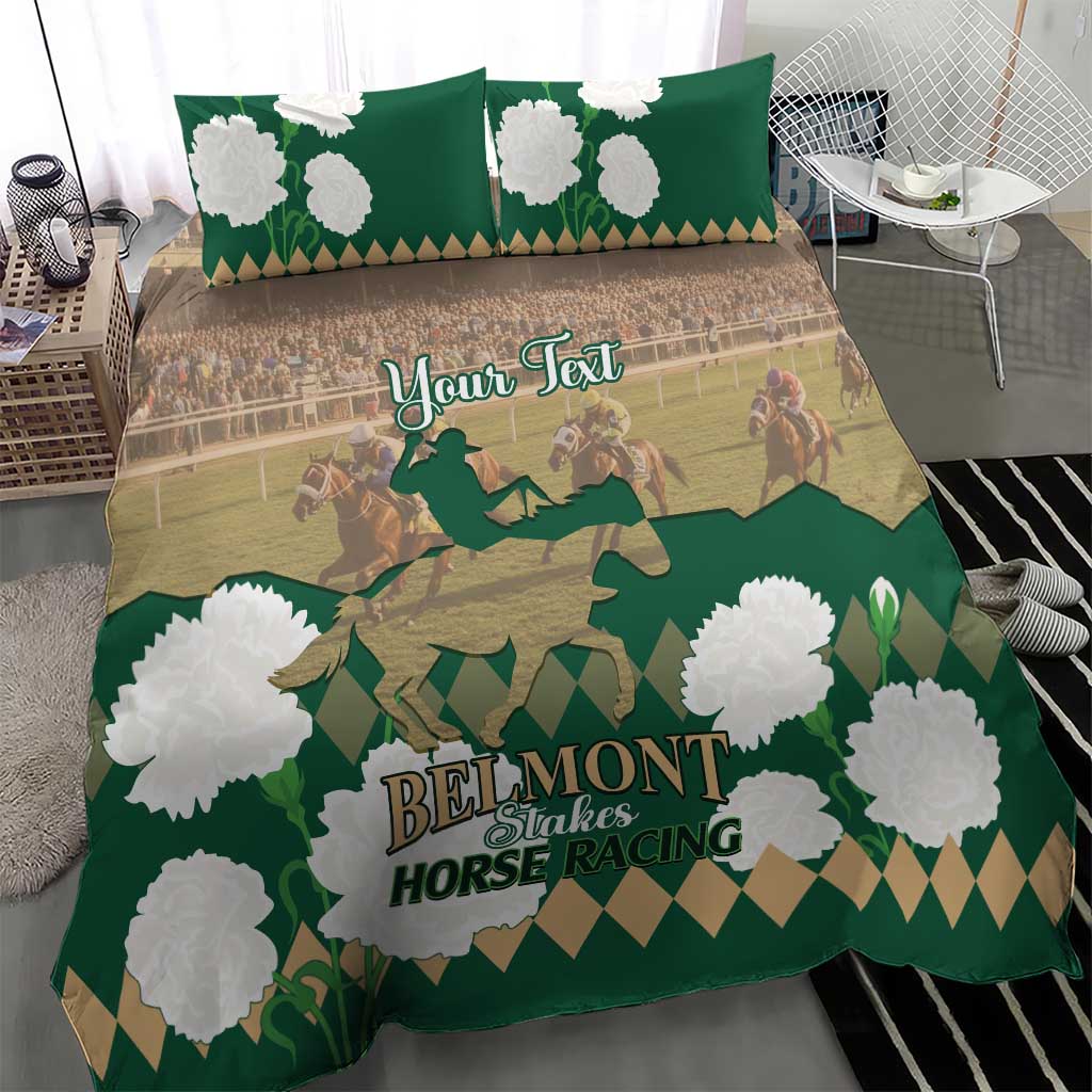 Green horse racing bedding set featuring white flowers, horses action scene, and “Belmont” text
