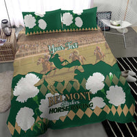Green horse racing bedding set featuring white flowers, horses action scene, and “Belmont” text