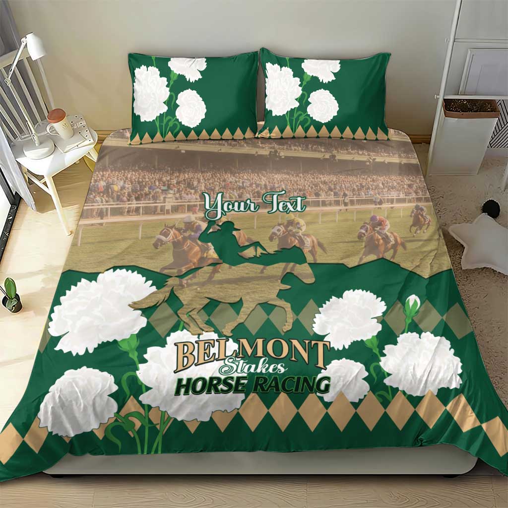 Green horse racing bedding set with two pillows and duvet showing white flowers and “Belmont”