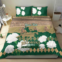 Green horse racing bedding set with two pillows and duvet showing white flowers and “Belmont”