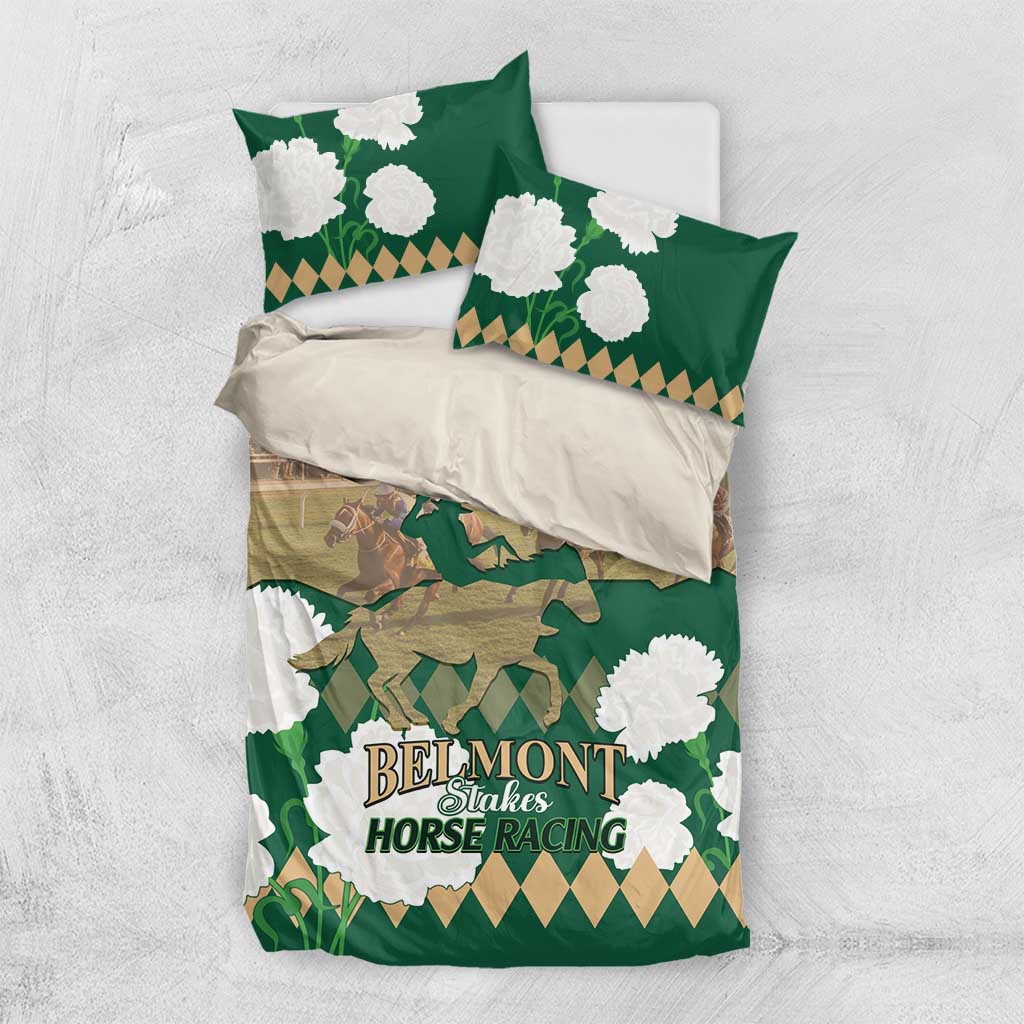 Green horse racing bedding set, top view: duvet with white flowers and horses graphic