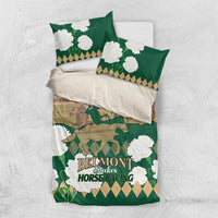 Green horse racing bedding set, top view: duvet with white flowers and horses graphic