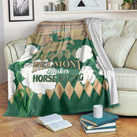 Personalized green horse racing blanket with Belmont Stakes graphic and white leaf accents