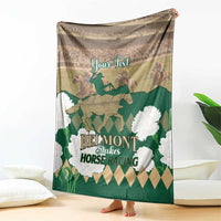 Personalized green horse racing blanket showing Belmont Stakes logo and Your Text banner