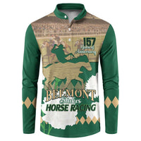 Green button-front sweatshirt with horse racing 157th anniversary graphic, front view