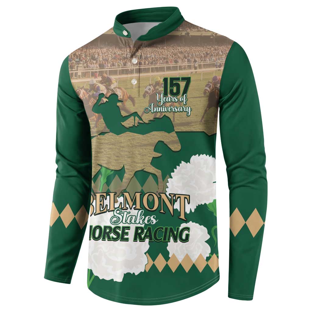 Green button-front sweatshirt with horse racing logo and 157th anniversary graphic