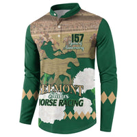 Green button-front sweatshirt with horse racing logo and 157th anniversary graphic