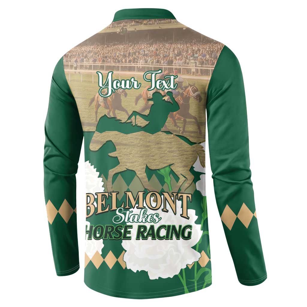 Green button-front sweatshirt with 'Your Text' horse racing graphic, back view