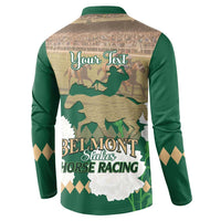 Green button-front sweatshirt with 'Your Text' horse racing graphic, back view