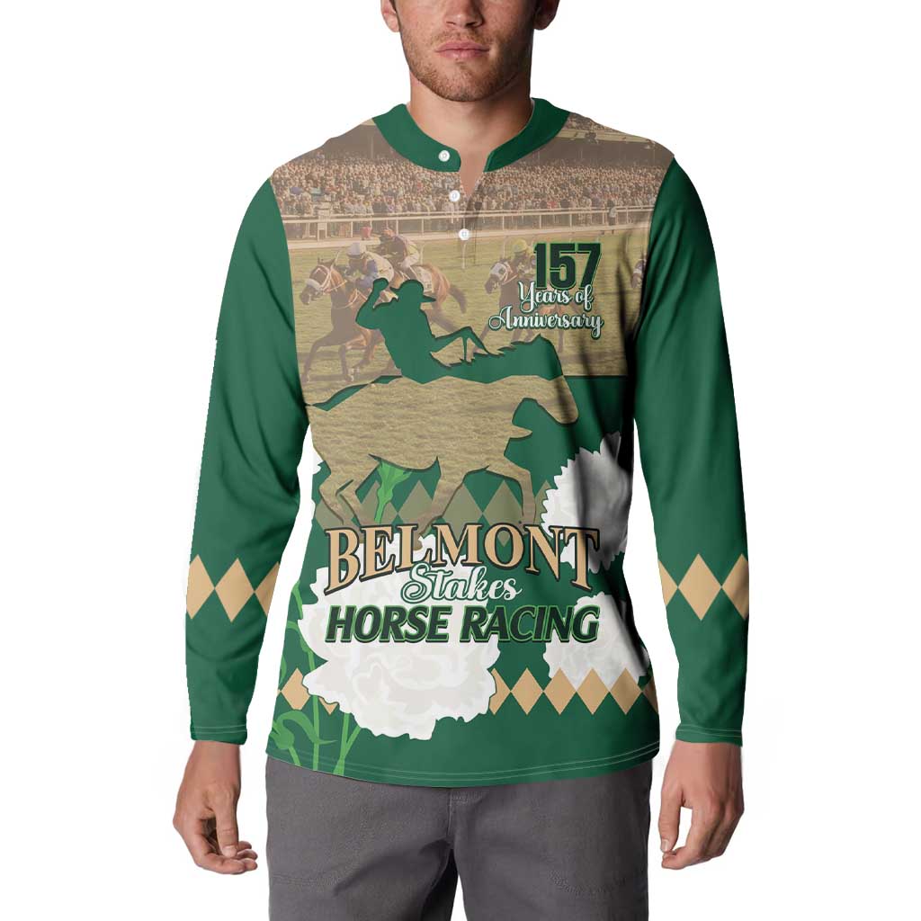 Green button-front sweatshirt with 157th anniversary horse racing graphic, model wearing