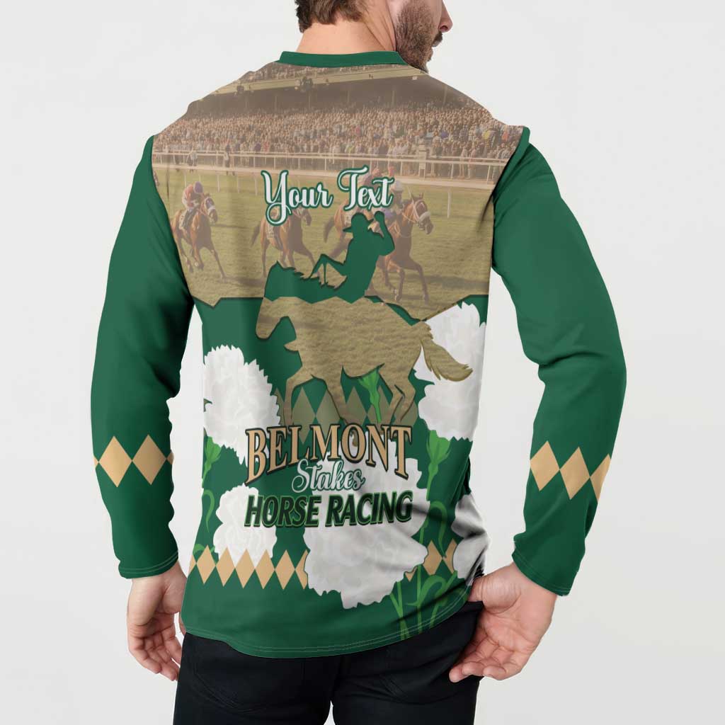 Green button-front sweatshirt with 'Your Text' horse racing graphic, back view