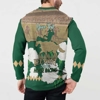 Green button-front sweatshirt with 'Your Text' horse racing graphic, back view