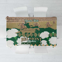 Green horse racing tablecloth with Belmont Stakes and custom text, white and tan graphics
