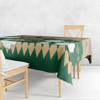 Green horse racing tablecloth on bench, with Belmont Stakes print and geometric pattern