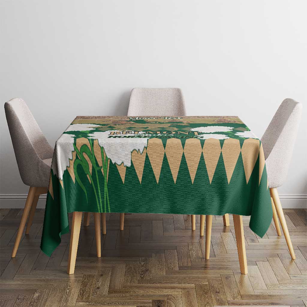 Green horse racing tablecloth with Belmont Stakes logo, custom top banner on dining table
