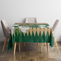 Green horse racing tablecloth with Belmont Stakes logo, custom top banner on dining table
