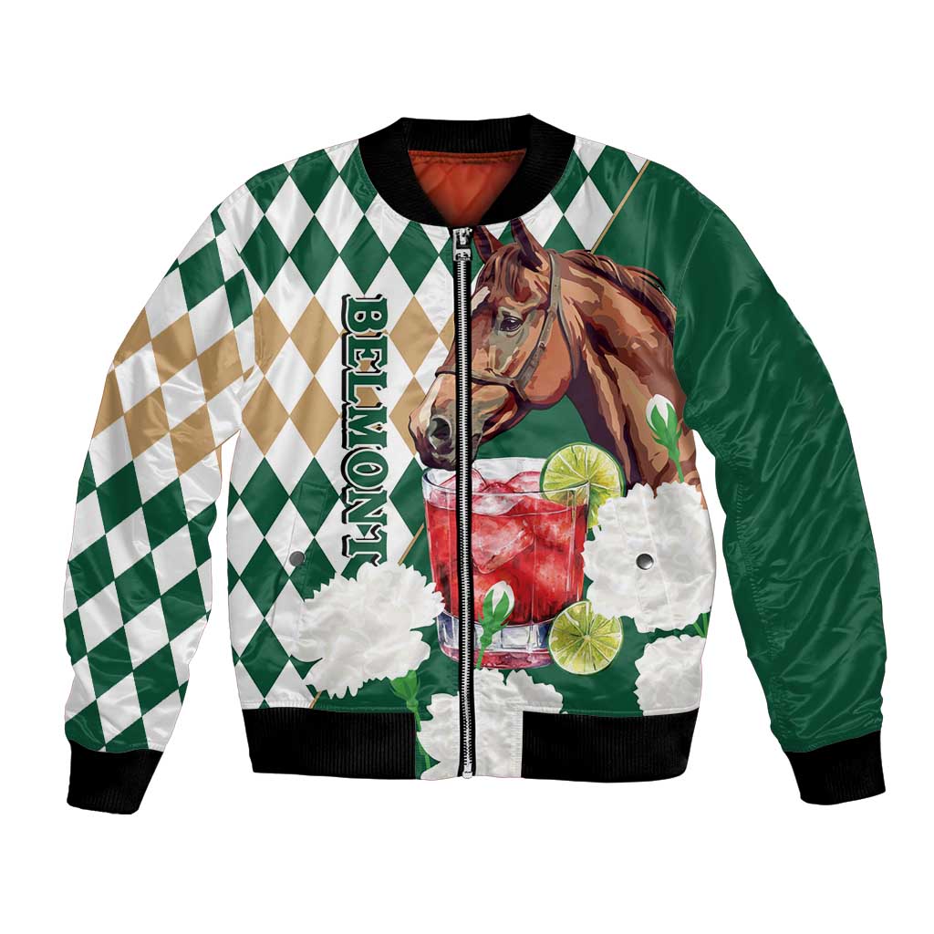 Personalized Belmont Horse Racing Bomber Jacket Jewel Cocktail With White Carnations